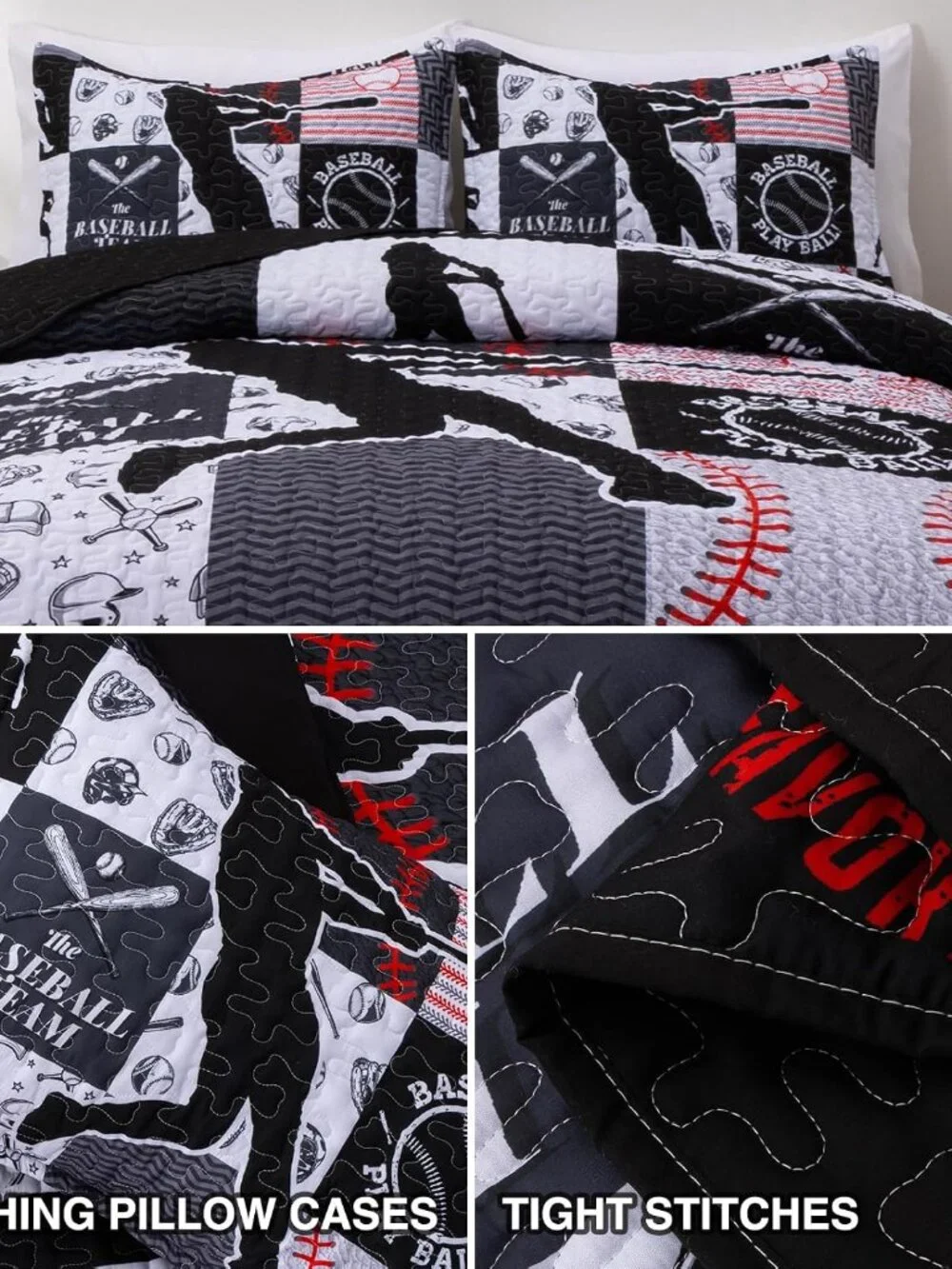 Kids Quilt Set Twin Size Sports Geometric Grid Black Patchwork Baseball Printed